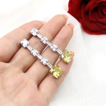 

big yellow color Square cubic zircon crystal stone long dangle earrings wedding party jewelry