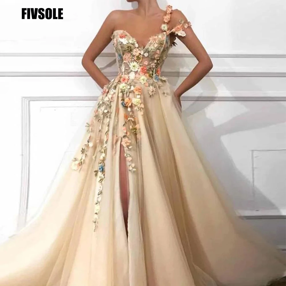 Fivsole Elegant One Shoulder Prom Dresses Long 3D Floral Lace Applique Beaded Formal Evening Gown Party Dresses with High Split long prom dresses