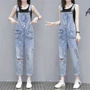 

Spring Autumn Women Denim Bib Stretchy Slim Hole Ripped Jeans High Waist Casual Pants Loose Denim Full Length Jeans for Ladies