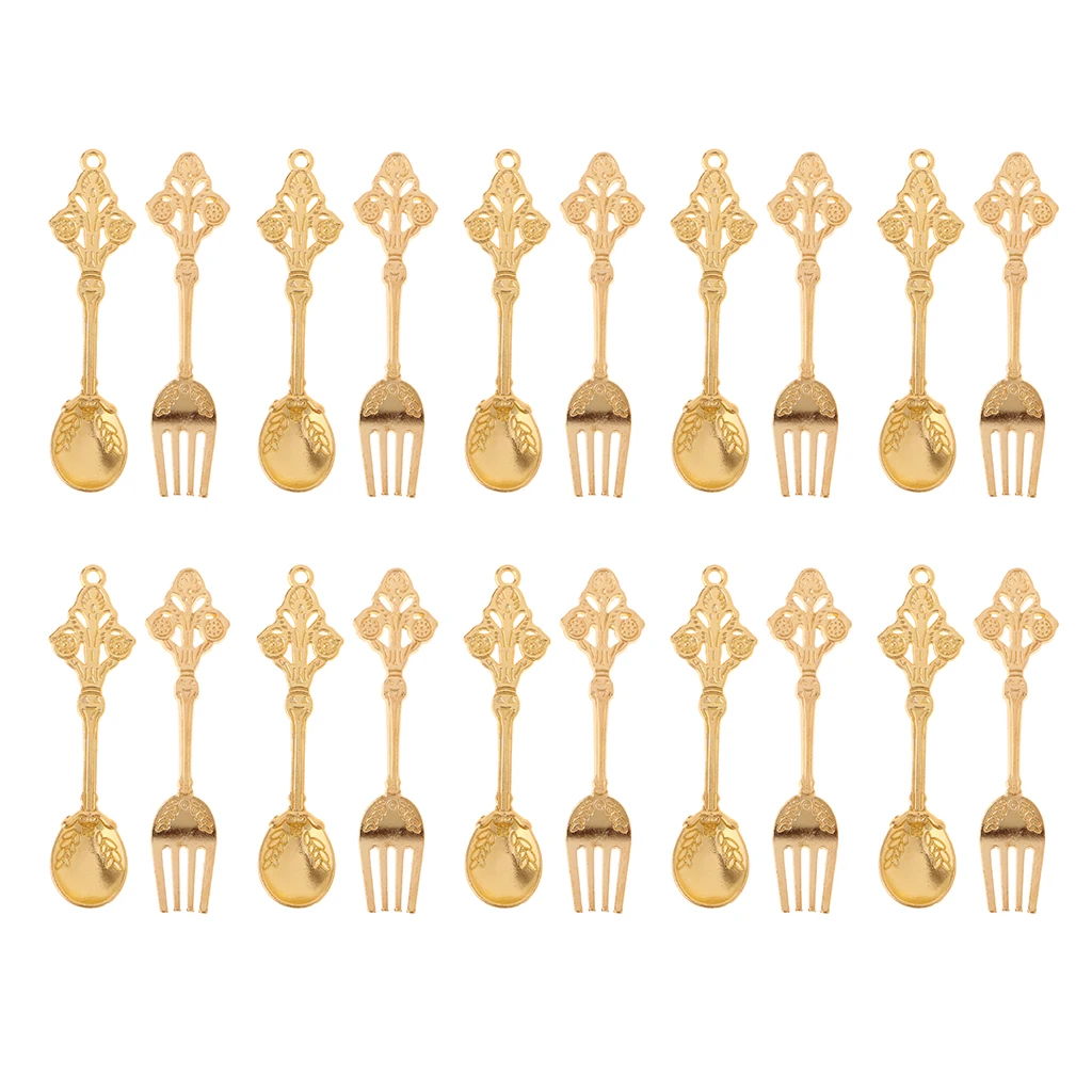 10 Pairs Mini Golden Spoon Fork Kit Tableware for 1/12 Dolls House Pretend Play Kitchen Dining Room Furniture Kitchen Toys