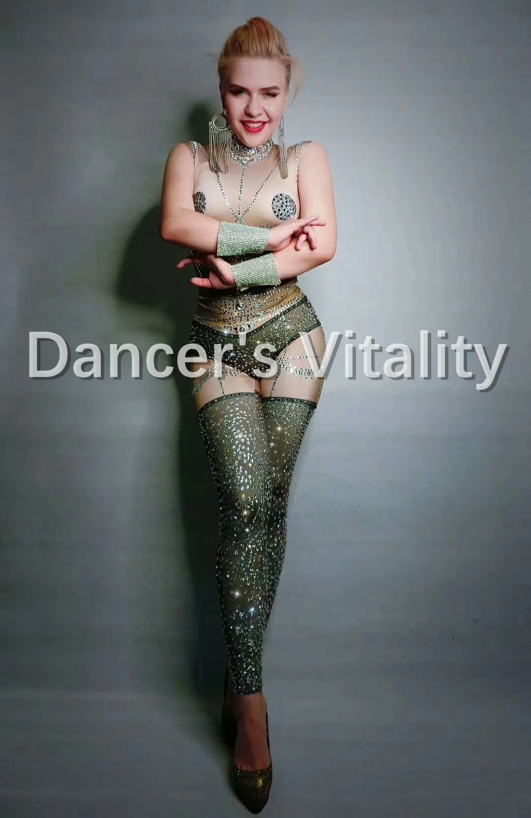Сияющий Горный Хрусталь Печатный Комбинезон Sexy Dancer Певица Леггинсы Костюм Цельный Боди Ночная одежда Партии Wear Сексуальное Платье