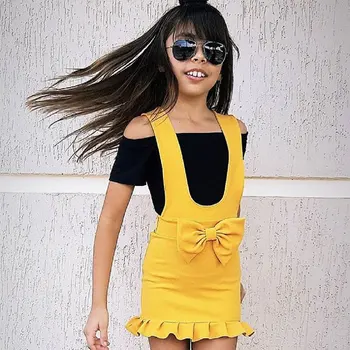 

Girls Summer Outfits 2-6 Y Toddler Girl Clothes Off Shoulder Tops Strap Bow-knot Pleated Skirt Sheath Baby Clothing Cute Costume