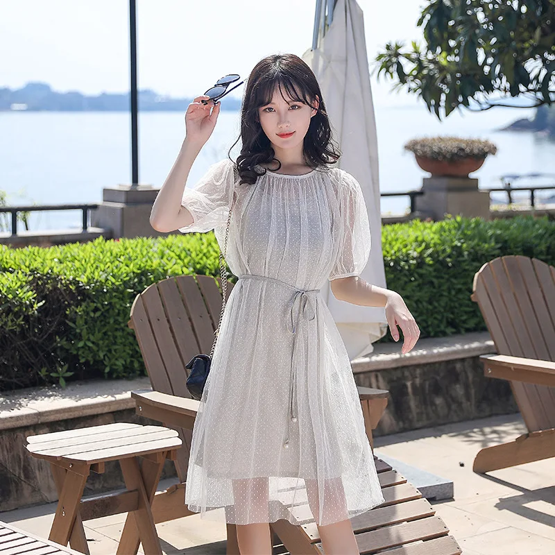 

Summer Two-Piece Set Transparent Mesh + Viscose Camisole Flashing Dress Popular CHIC Fairy Skirt