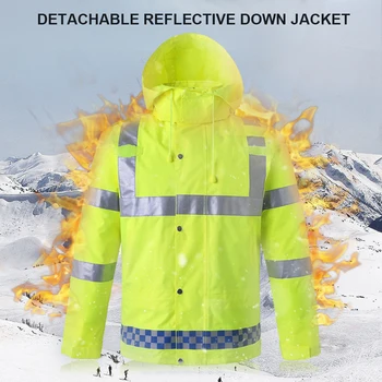 

Safety Rain Jacket with Down Jacket Waterproof Reflective Visibility Detachable Hood Safety Raincoat Traffic Jacket Yellow