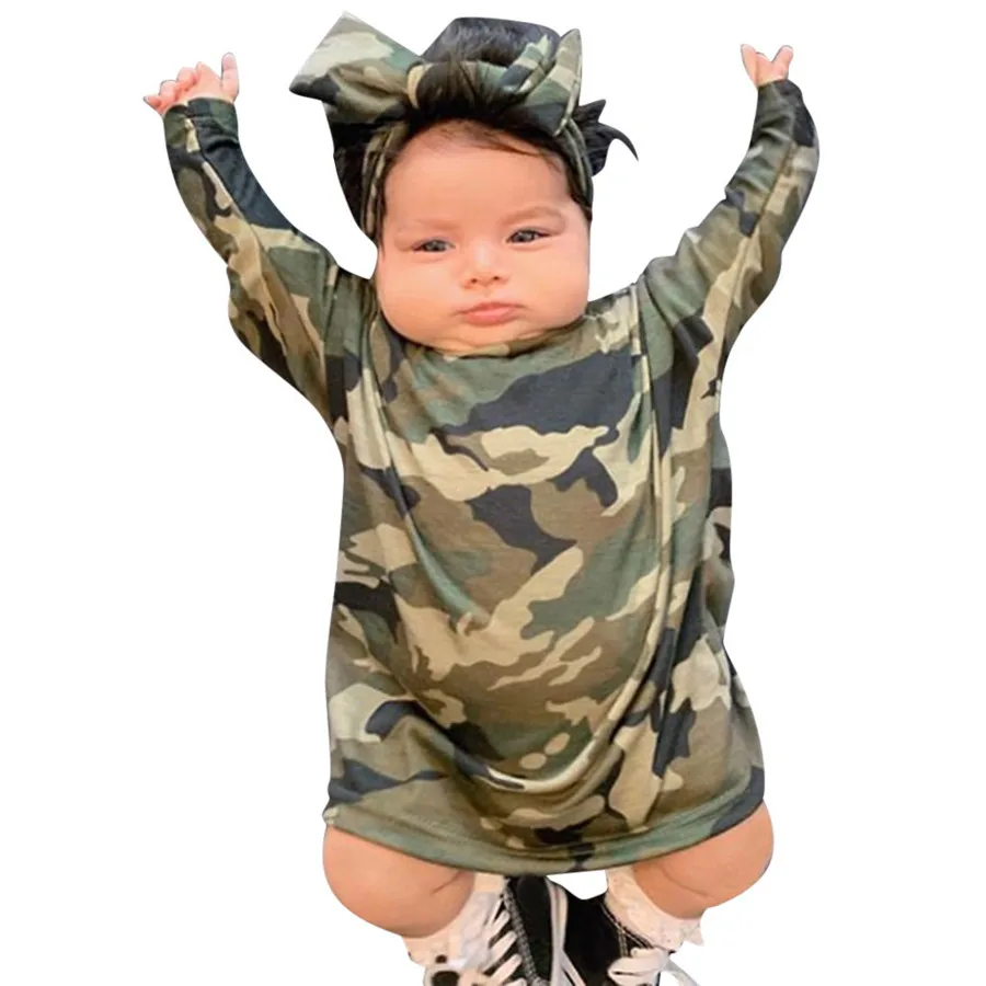Toddler girl clothes set camouflage printed princess dress set + headscarf long sleeve camouflage print dress headband set 40A1 (2)