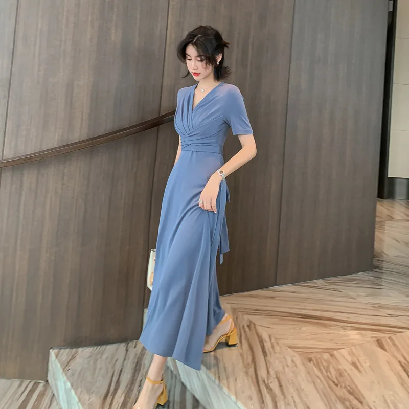 

Women Short V Neck Ladies Bandage A Line Dresses Summer Vintage Elegant Blue Maxi Dress High-end Elegant Evening Party Dress
