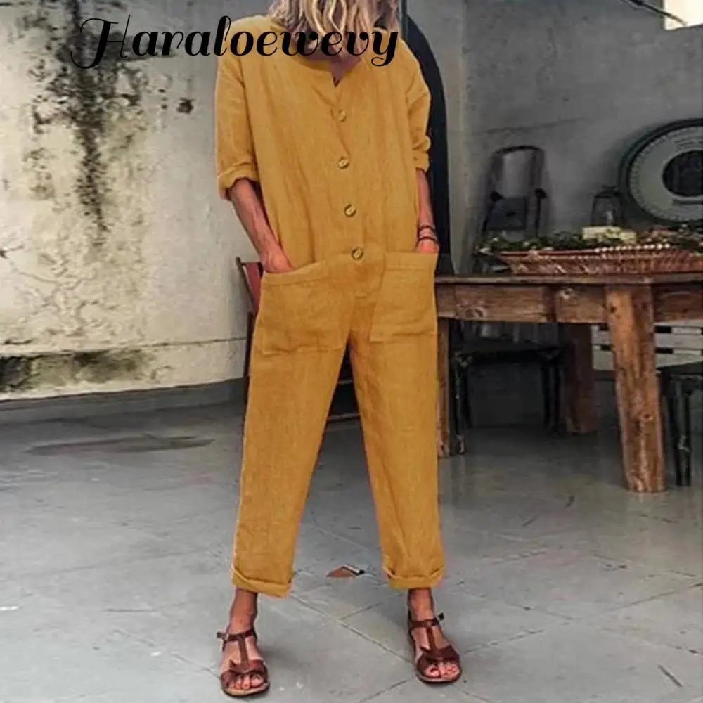 

Womail Fashion Overalls for Women Summer Casual Long Sleeve Solid Color Button Cotton and Iinen Loose Long Jumpsuit