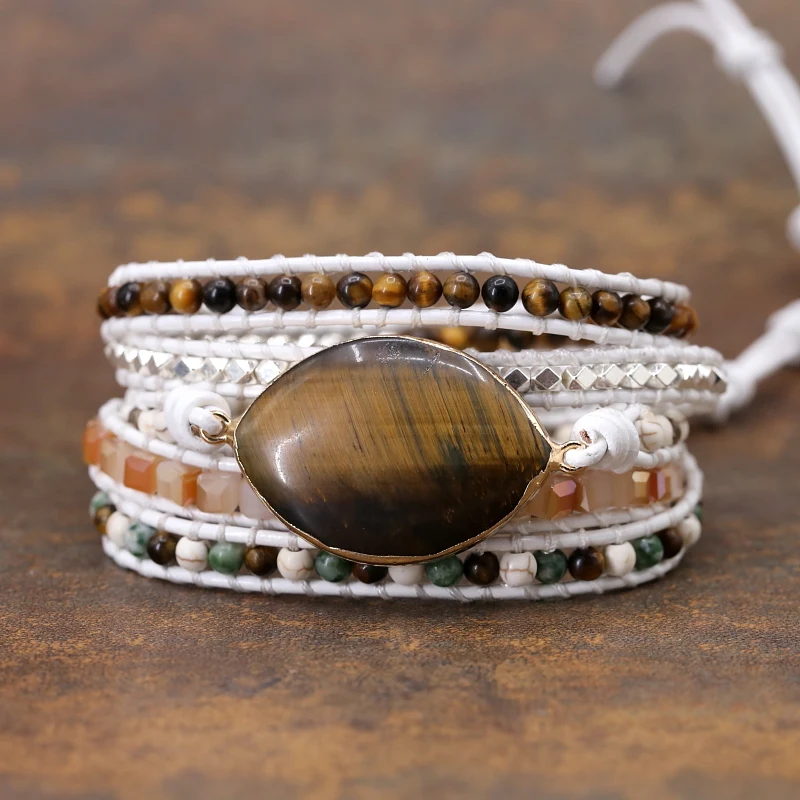 Винтажный браслет из натурального камня 5X кожаный браслет из тигрового глаза браслет из бисера ручной работы для влюбленных браслет для пары творческие подарки