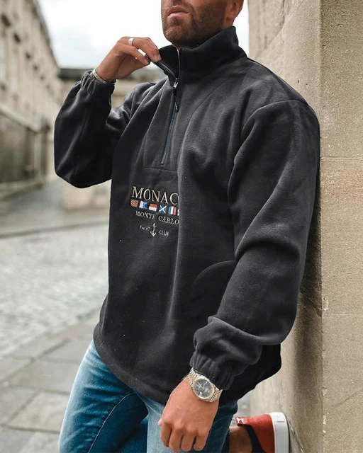 Letter & National Flag Embroidery Long Sleeve Polar Fleece Polo Sweatshirt S-3XL Dark Grey