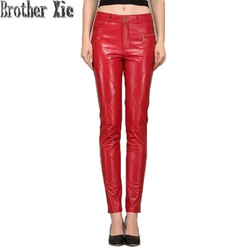 

Office Lady Real Leather Slim Pencil Pants Women Quality Lambskin Genuine Leather Full Length Plus Size Skinny Trousers Female