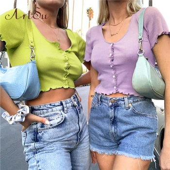 

Artsu Cotton Cute Cropped Top Women 2020 Short Sleeve Sexy Crop Top Tees Single Breast Summer Ladies Ruffles T-shirts