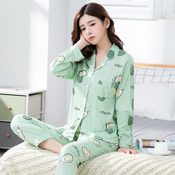 

Autumn Winter New Home Wear Long Sleeve Cotton Sleepwear Casual Sleep Set 2PCS Nightwear Pajamas Pyjamas Suit Cute Homewear