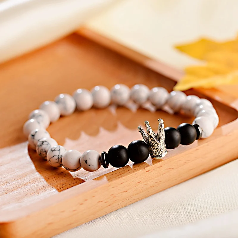Classic Silver Color Crown White Stone Beads Bracelet Femme Unisex Elastic Men Homme Dropshipping | Украшения и аксессуары