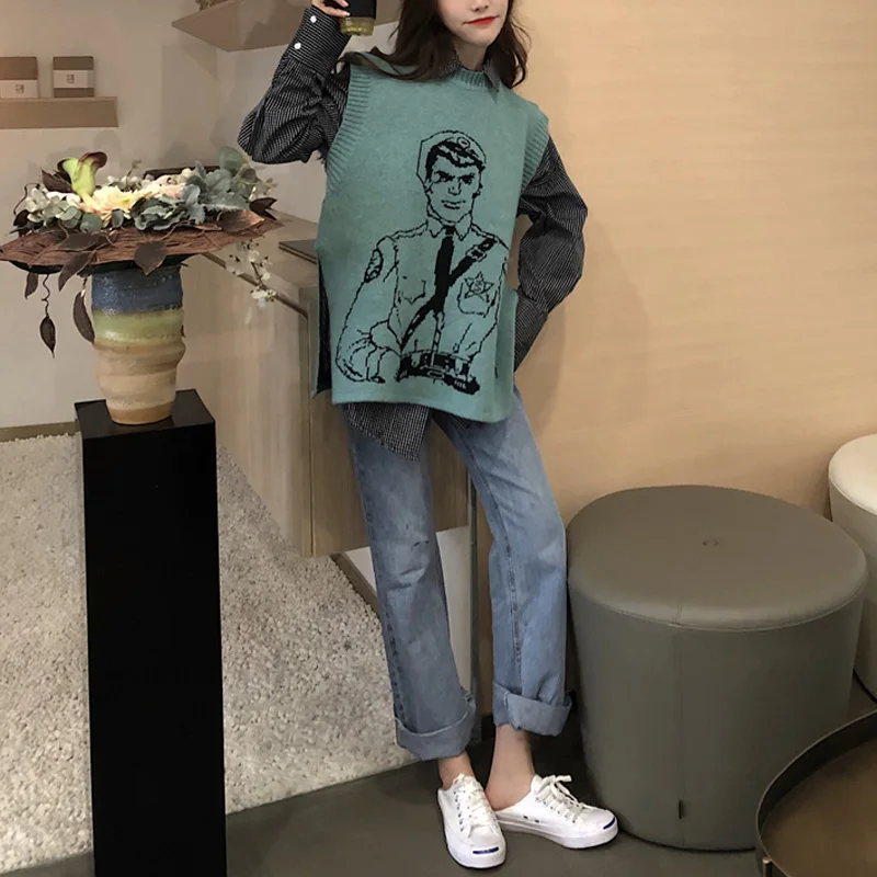 PERHAPS U women vest sweater crew neck knitted pullovers sleeveless green white winter police print M0130