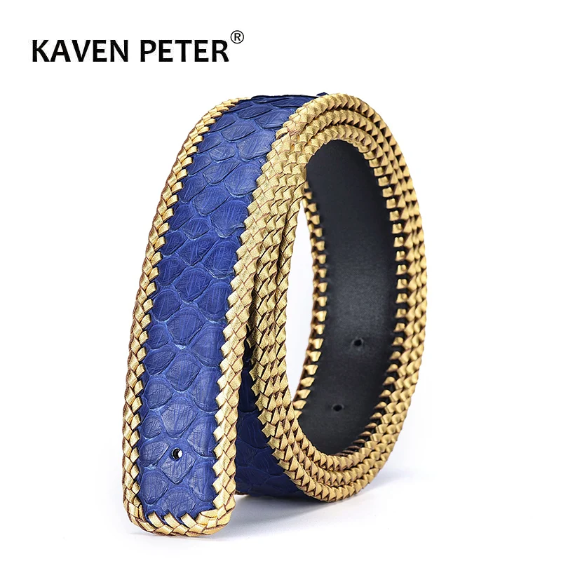 

Real Python Skin Leather Belts Without Buckle 3.8 CM Width High Quality Fashion Weaving Braided Luxury Mens Waist Belts Blue