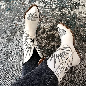 

Vinapobo New Brand Embroidered Western Cowboy Boots for Women Square Med Heels Pointy Toe High Quality Knee High Boot Women Shoe
