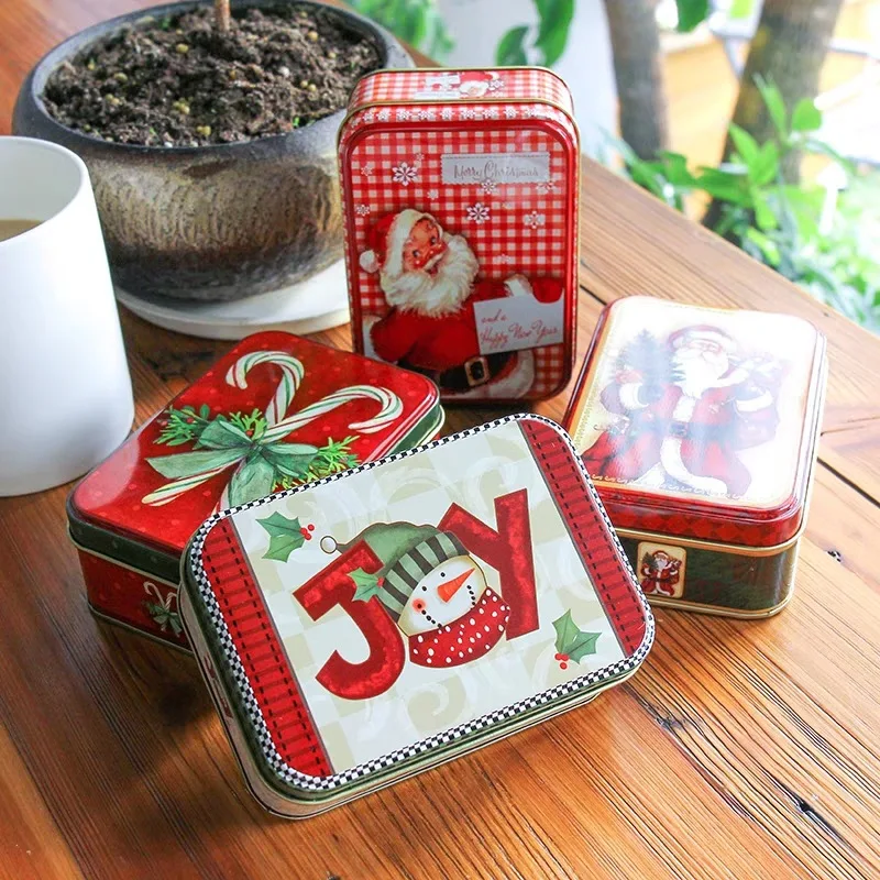 

4PCs New Christmas Style Square Iron Tin Box Biscuit Candy Case Xmas Gift Cookie Storage Santa Snowman Cookie Packaging Case
