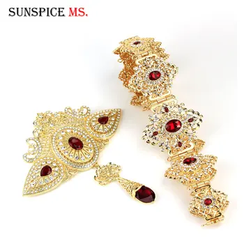 

Sunspicems Moroccan Caftan Belt Brooch for Women Wedding Dress Jewelry Gold Color Red Crystal Metal Chain Bride Gift