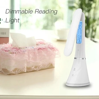 

LED Table Lamp Press Control USB Rechargeable Dimmable Reading Light with Alarm Clock Calendar Temperature LCD Display Screen Co
