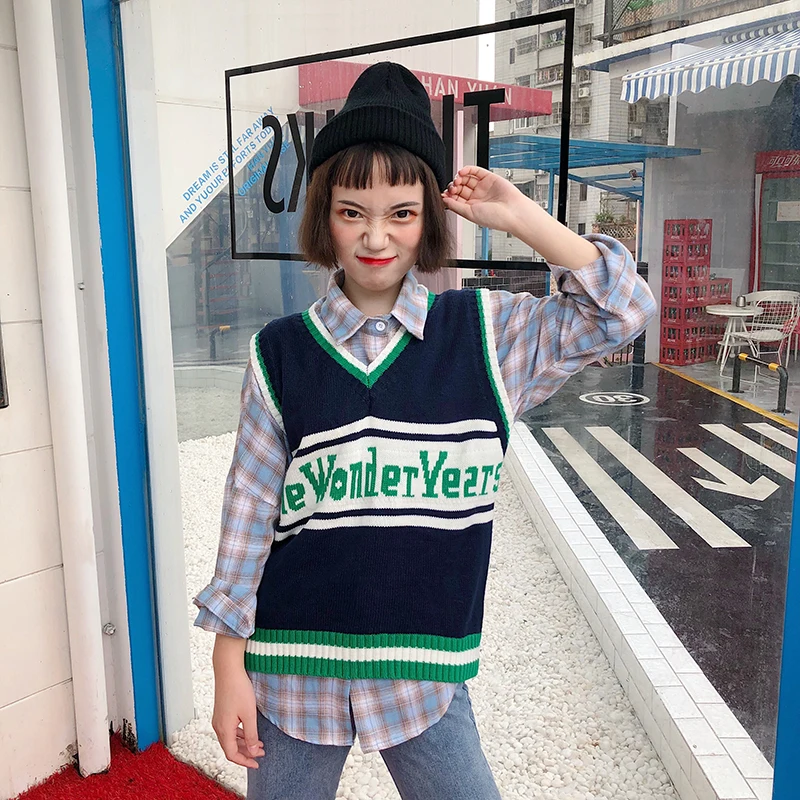 Жилеты женские с v-образным вырезом в полоску Kawaii Harajuku корейский стиль трикотажные студенческие простые универсальные повседневные женские пуловеры шикарные Горячие