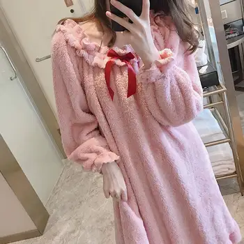 

Women Winter Nightgowns Warm Thicken Flannel Nightdress Long Sexy Off Shoulder Ruffles Sleepshirts Sweet Sleepwear Pink White