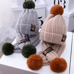 2021 Winter Warm Cap Cartoon Animal Hat Scarf Child Cotton Inner Beanies Hat And Ring Scarves Kids Girl Boy Kids Hat Scarf set