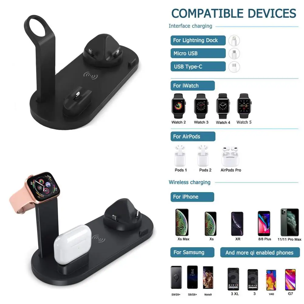 6 in 1 Qi Wireless Charger Stand Dock for Apple Watch 5 4 3 2 iPhone 11