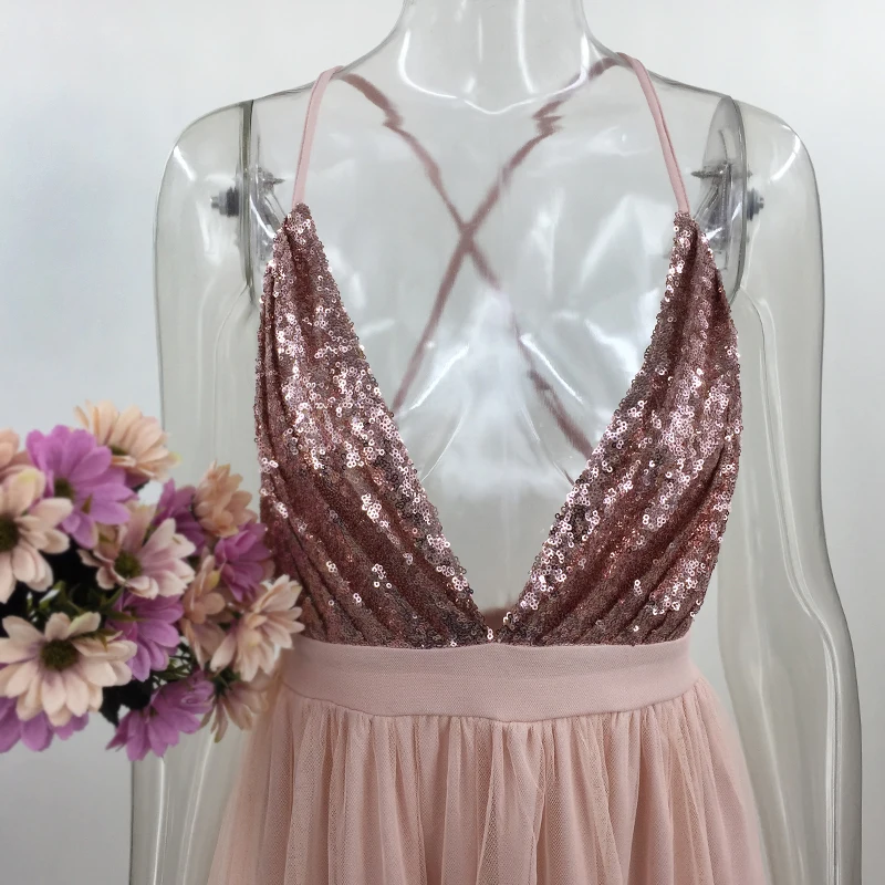 PFFLOOK Mesh Sequin Sexy Maxi Dress Women Deep V Neck Cross Back Backless Long Dress Elegant Sleeveless Solid Summer Party Dress