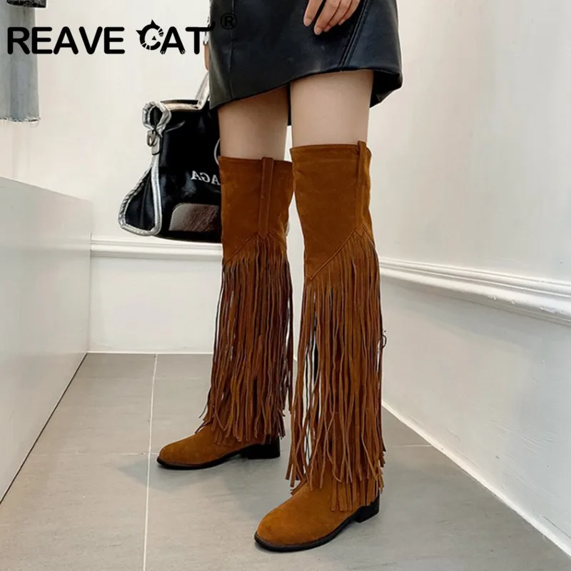 REAVE CAT Woman Low Heel Flat Thigh high Over The Knee Boots Fringe Warm winter long boots side zip elegant Shoes big size 44 46 | Обувь