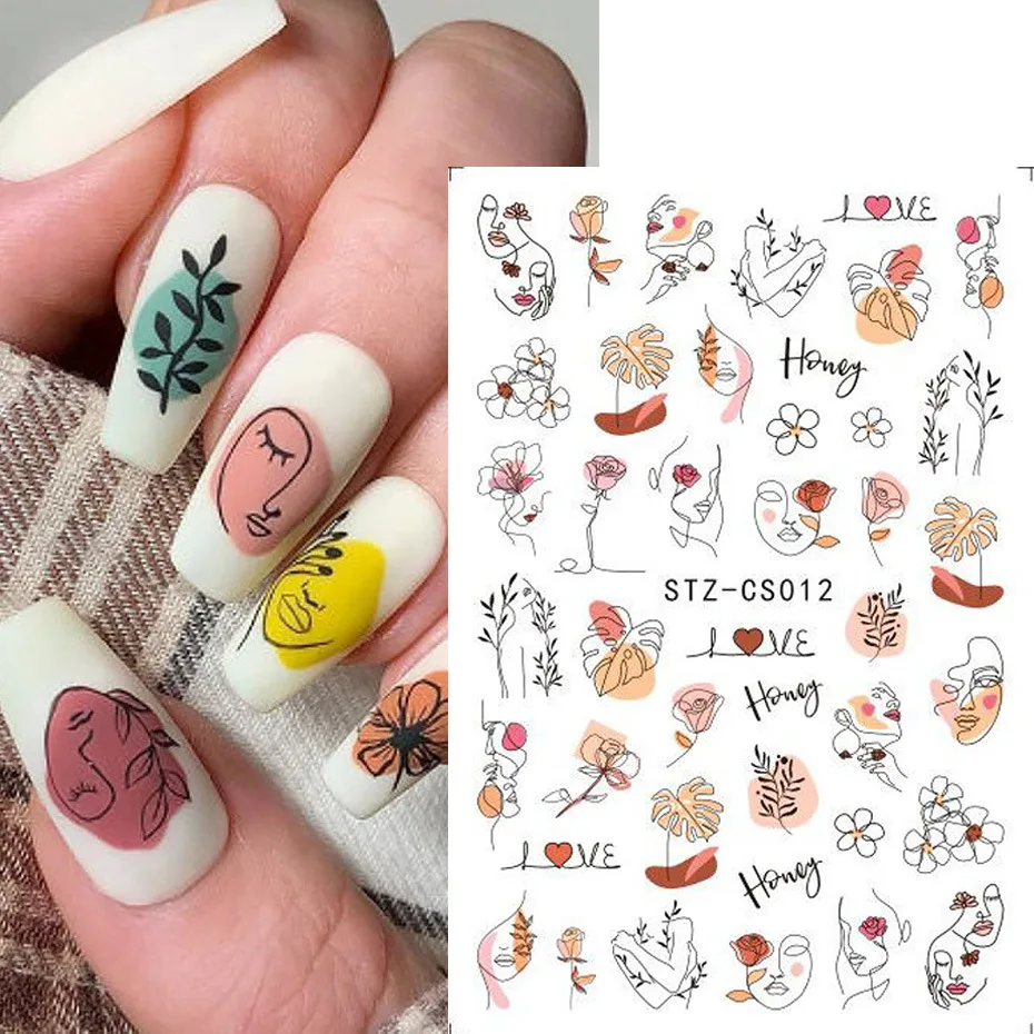 Watercolor Flowers Nail Stickers Geometric Leaf Nail Art Decorations