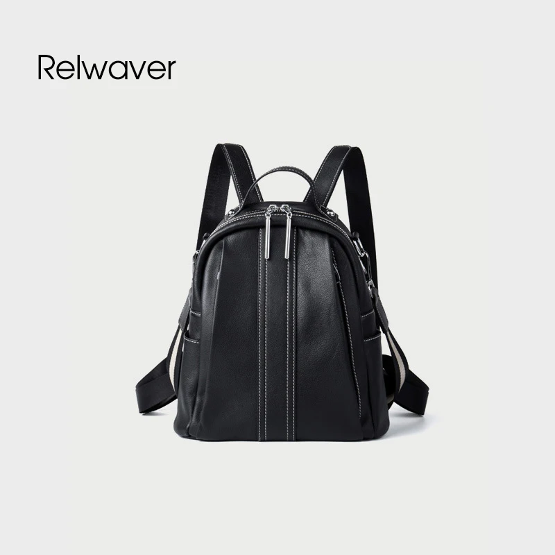 

Leather backpack genuine grain cow leather middle school bags black zipper pocket decoration casual multifunction shoulder bag