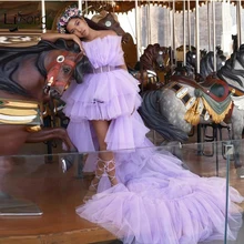 Милое Лавандовое Тюлевое платье с оборками и высоким низом для выпускного вечера, многослойное платье-пачка с открытыми плечами, длинное платье для выпускного вечера Abendkleider