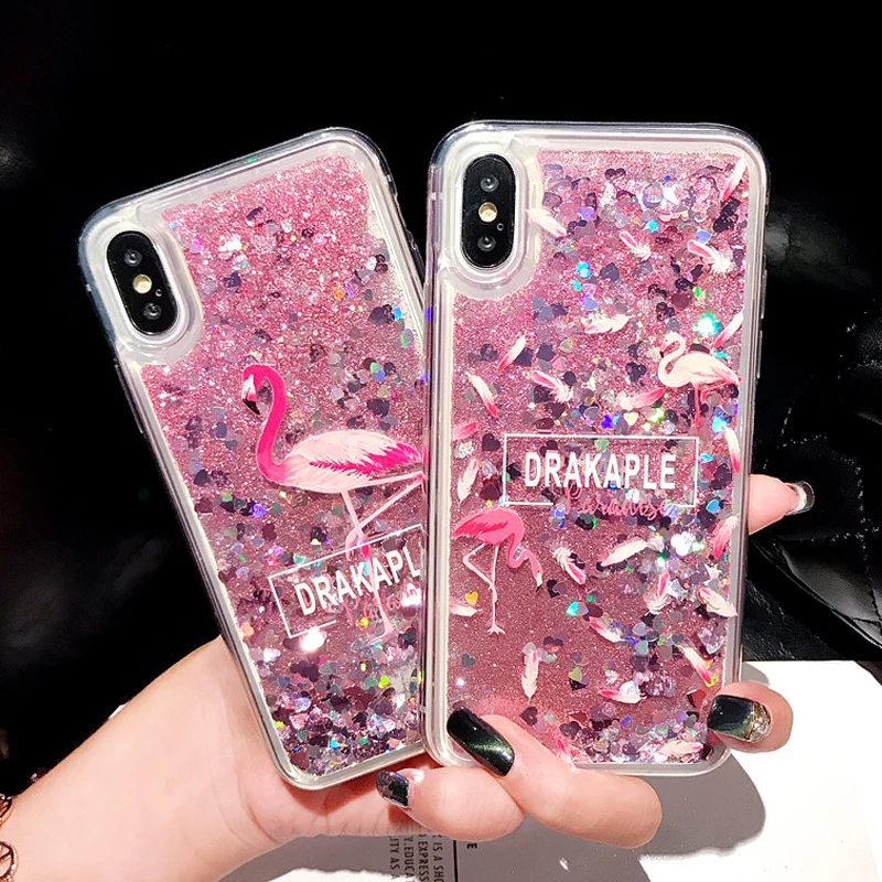 

Glitter Squines Liquid Quicksand Case for iPhone XS Max XR X 8 7 6 6S Plus Cover Flamingo Flower APP Icon Love Heart Phone Cases