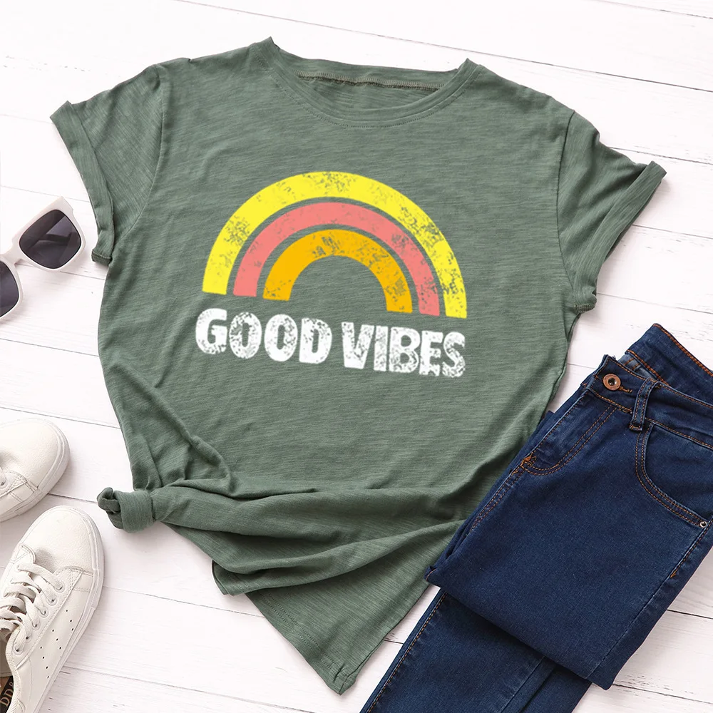 Женская футболка с принтом Good Vibes летняя свободная из 100% хлопка радужной графикой