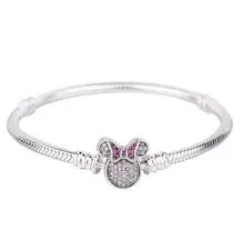 Genuíno 925 prata esterlina bangle pave minnie com clipe de cristal rolha pulseira ajuste feminino grânulo charme moda jóias(China)