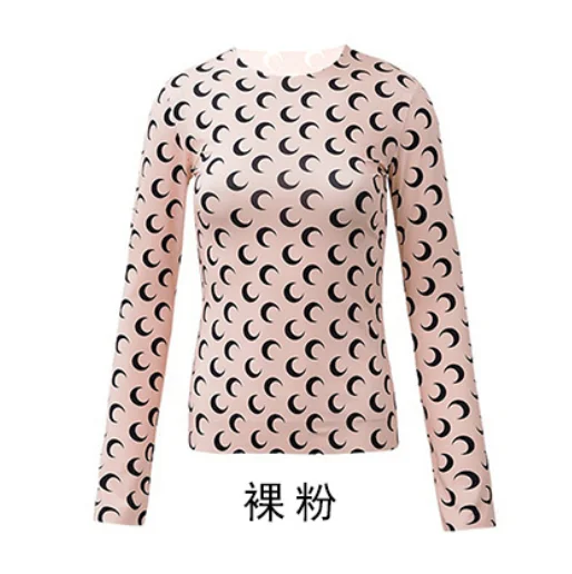 Ice Silk Crescent Moon Print Bodycon T-shirt Slim Top 2021 Summer Women's Round Neck Long Sleeve Tight T-shirt pink