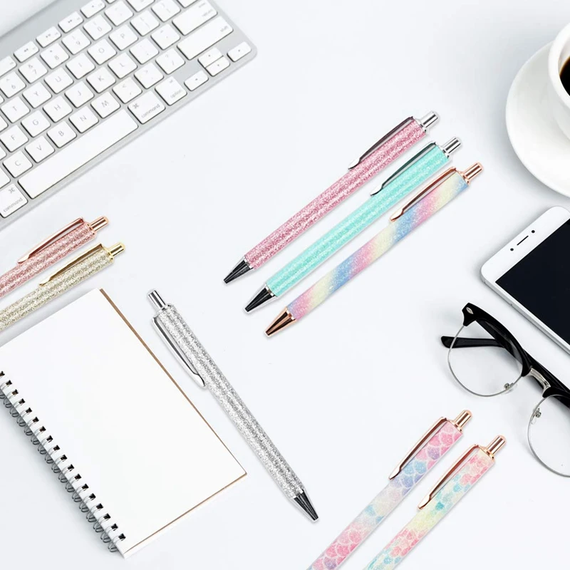 

8Pcs Ballpoint Pens Metal Retractable Pen, Black Ink Medium Point 1Mm, Glitter Rose Gold Click Ball Pens, Gifts for Women, Schoo