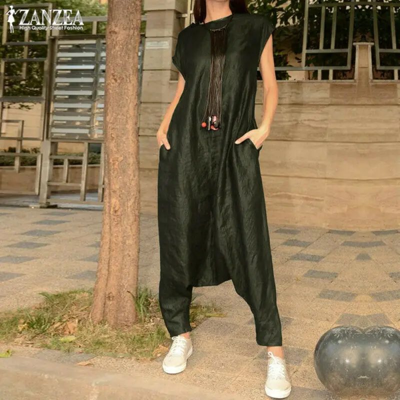 

NEW Women Casual Baggy Casual Loose Short Sleeve Jumpsuit Romper Playsuit Overall Harem Pants Plus Size
