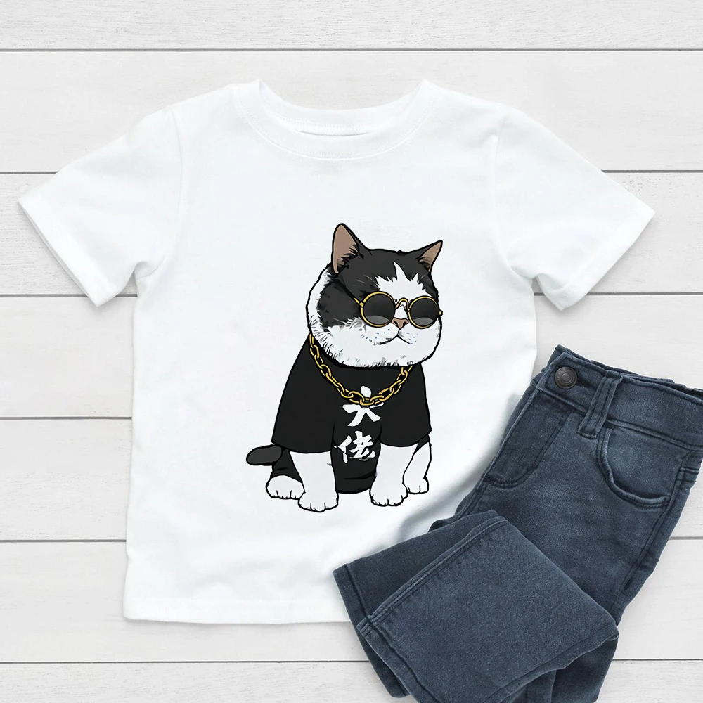 

Loose Beautiful Clothes Baby Boys T Shirt Big Black Cat With Sunglasses Graphic Print T-shirt Hipster Letter T Shirt camiseta