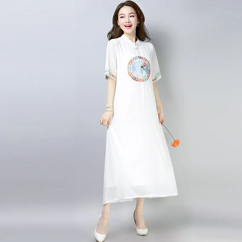 

2019 Summer New Style Ethnic Embroidery Dress Fake Two-Piece Mid-length Elegant Chiffon A- line Skirt Women's