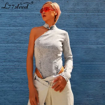 

Western Integration! National Trends Cool One-Shoulder Halter Denim Slim-Fit Long-Sleeved Hip-hop Base Cheongsam Top for Women