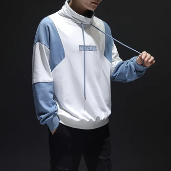 

Turtleneck Patchwork Hoodies Men Cotton Pullover Coat 2019 New Japan Style Mens Tops Drawstring Collar Casual Loose Sweatshirts