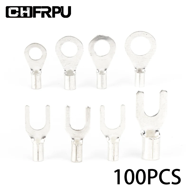 

100PCS Cable Wire Connector Crimp UT OT Non-Insulated Ring Fork U-Type Tin-Plated Brass Terminals Assortment Kit
