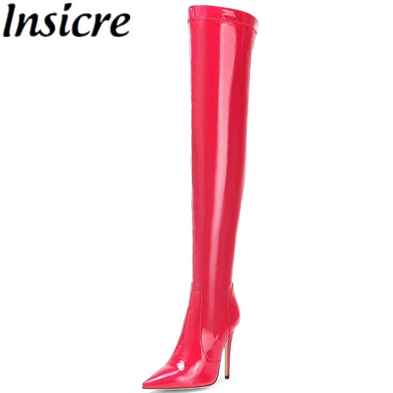 

Женские сапоги выше колена Insicre, из лакированной кожи, с острым носком, на молнии, на тонком высоком каблуке, красного цвета, большой размер 46, зима 2021