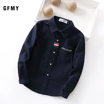 

GFMY 2020 Spring 100% Oxford Textile Cotton Thick Full Sleeve Embroidered letters Solid color Black Blue Boys white Shirts