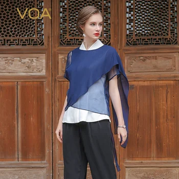 

Voa Dailan Silk Georgette Round Neck Five-point Sleeve Asymmetric Two-piece T-shirt Bst00601 Harajuku T Shirt Women Tshirt