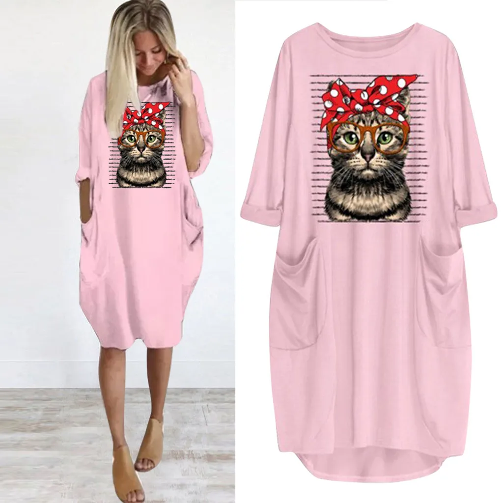 Cat Long Dress Women Plus Size 3XL O-Neck платье Summer Fashion HOT Long Sleeve Printed Short Mini Autumn A-Line Dress Wholesale