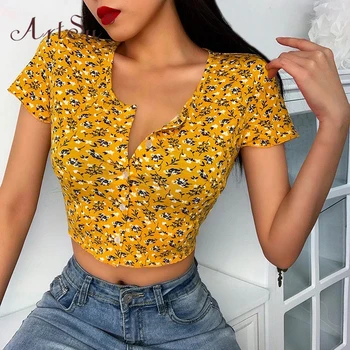 

ArtSu Sexy Button Up Flower Print Short Sleeve Round Neck Crop Top Tshirt 2020 Summer Women Casual Tops Tees Chic Slim Tee Shirt