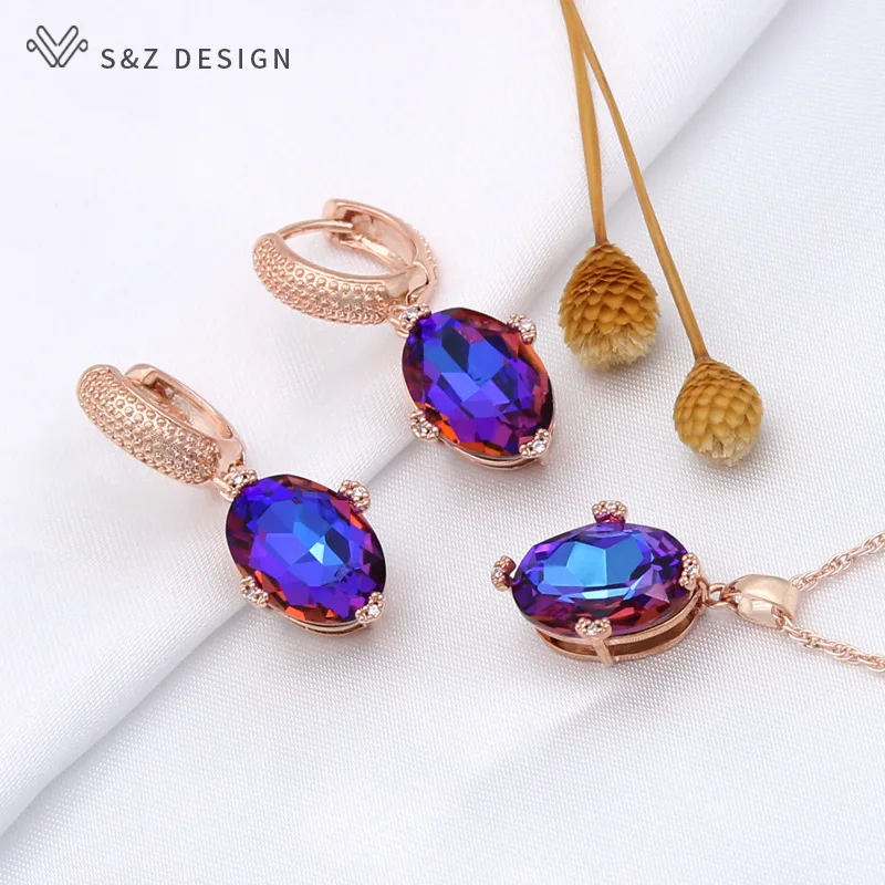 S&Z DESIGN New 585 Rose Gold Color Egg Shape Oval Dangle Earrings Jewelry Sets For Women Pendant Necklace Christmas Gift