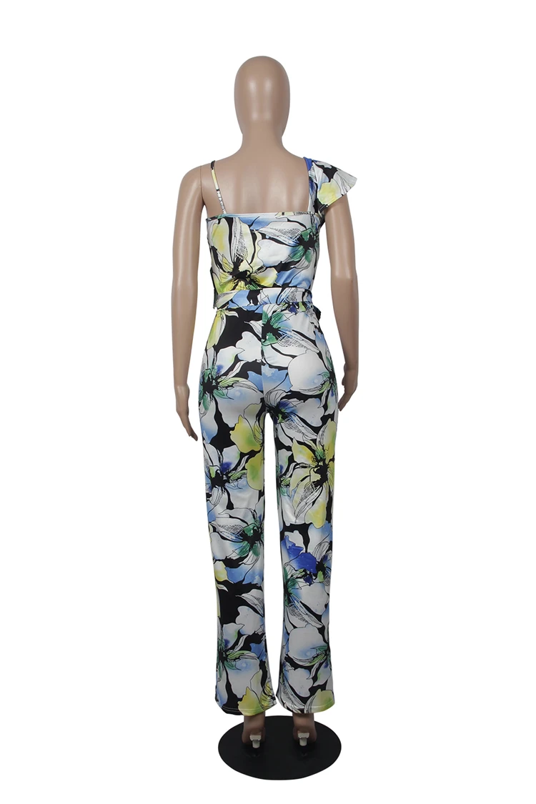 9040138 casual one shoulder floral flower printed wide leg jumpsuit women 2019